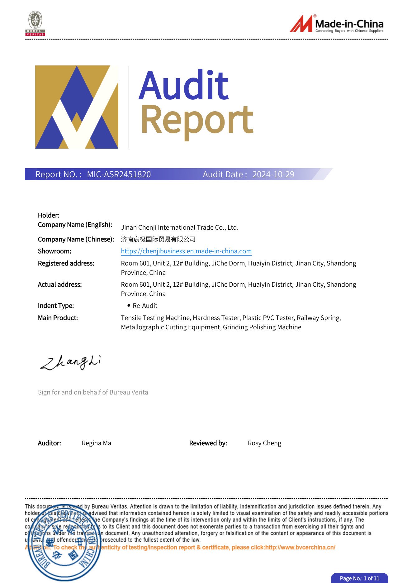 Bureau Veritas audit report - Jinan Chenji International Trade Co., Ltd.